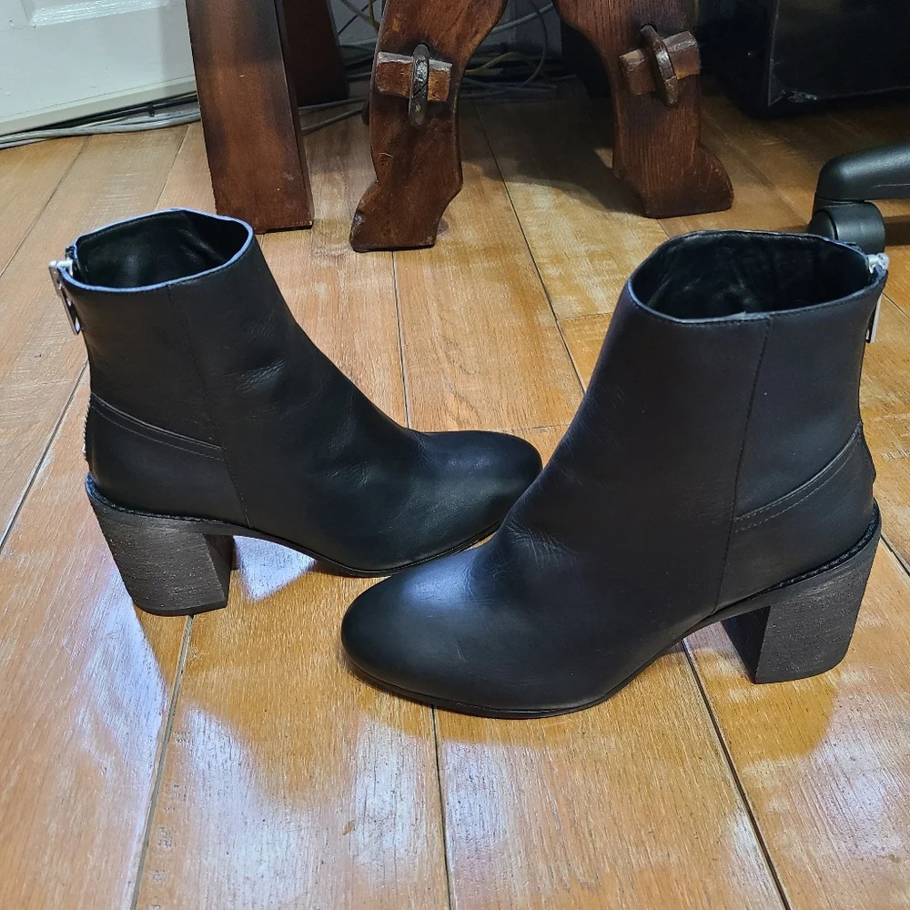 Allsaints Women's Idella Booties Black Leather Block Heel Size 38 US 7 Neutral